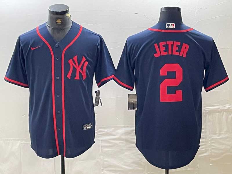 Men%27s New York Yankees #2 Derek Jeter Navy Red Fashion Cool Base Jersey->new york yankees->MLB Jersey